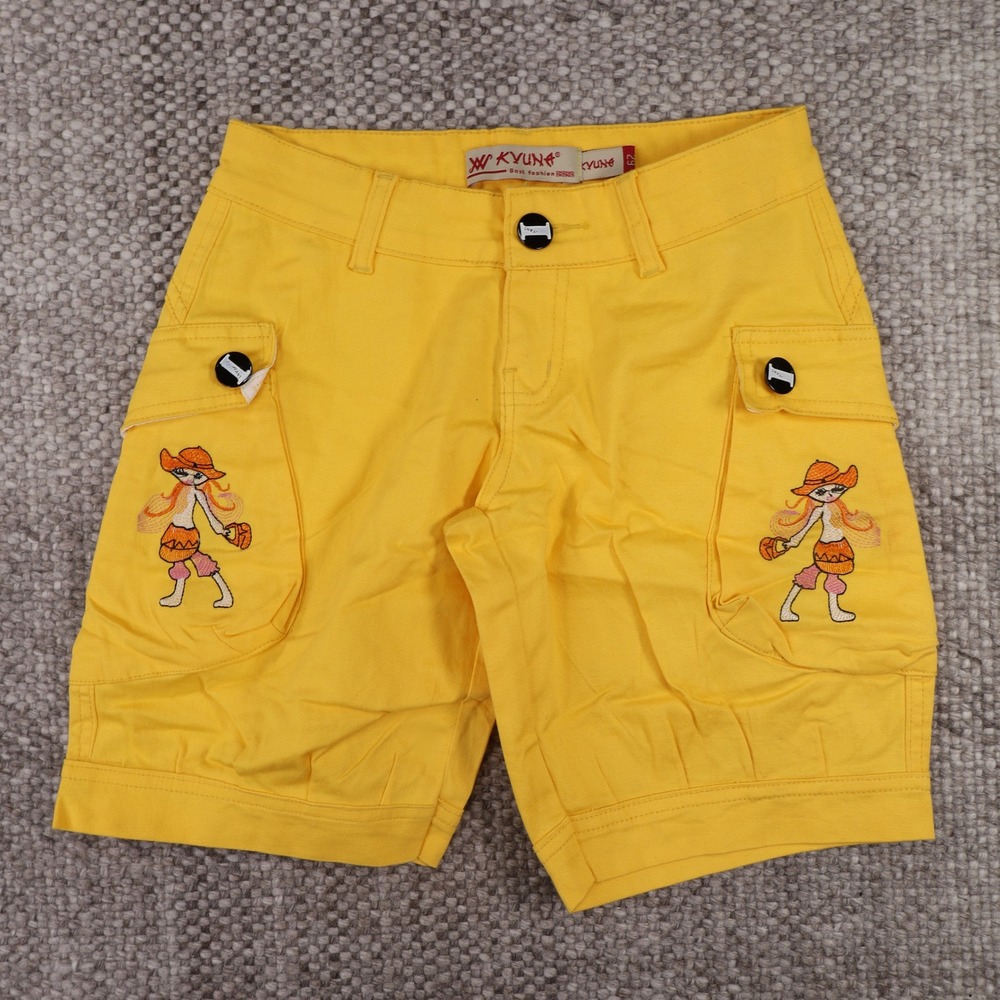 Kyuna Cargo Shorts Women 29 Yellow Good Embroidered Graphic Y2K Casual